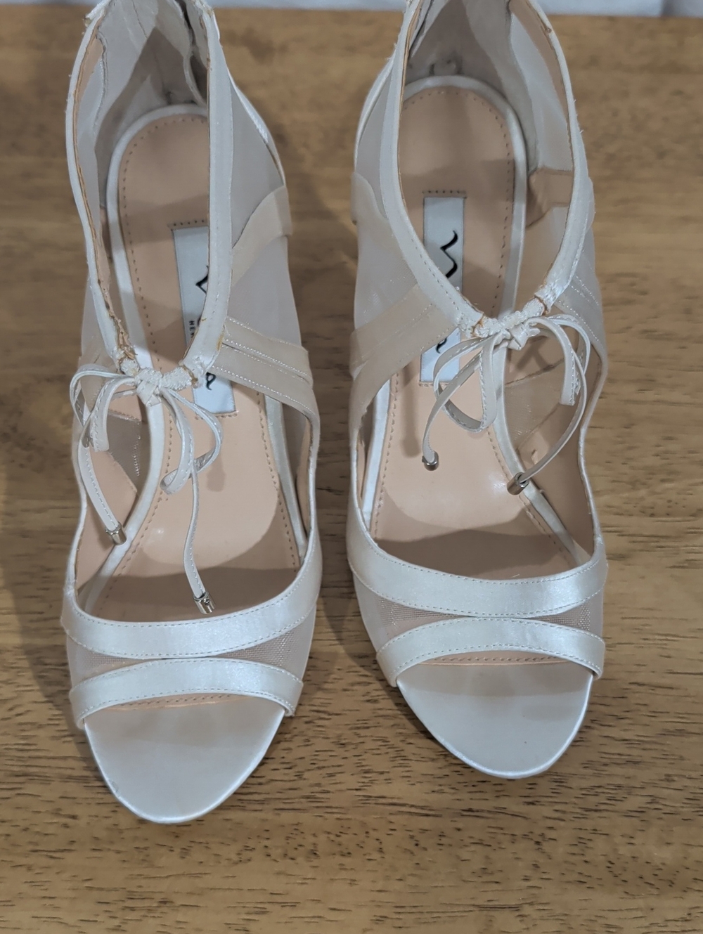 Nina Ivory Lace-Up Open-Toe Heels